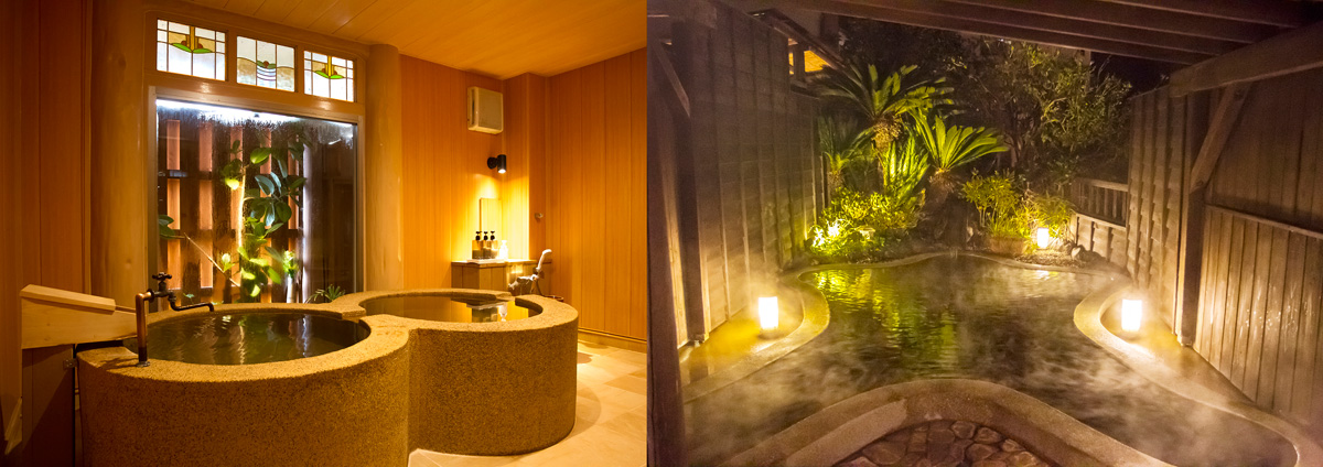 左／ステンドグラスがきれいな「なのはな」、右／夜はライトアップされる「だいもんじ」