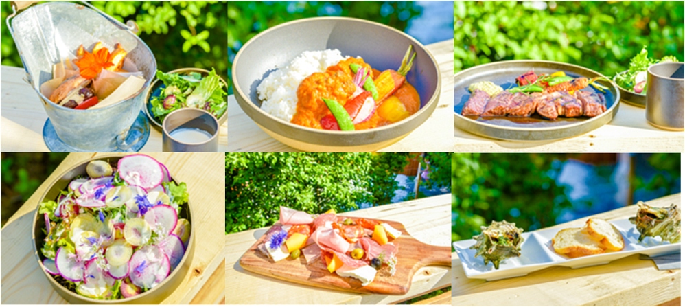 左上から「THE HOUSE FARM ハーベストバーガー(スープ、フレンチフライ付き)」1380円、「THE HOUSE 自慢の葉山牛カレー(スープ、サラダ付き)」1830円、「Beef 国産交雑牛 白ワインエシャロットソース」2480円。左下から「シャルキャトリー&フロマージュのFARM盛りプレート」1330円、「地野菜の畑まるごと旬サラダ THE HOUSE 特製ドレッシング」880円、「サザエの香味バター焼き(2ps バケット添え)」930円