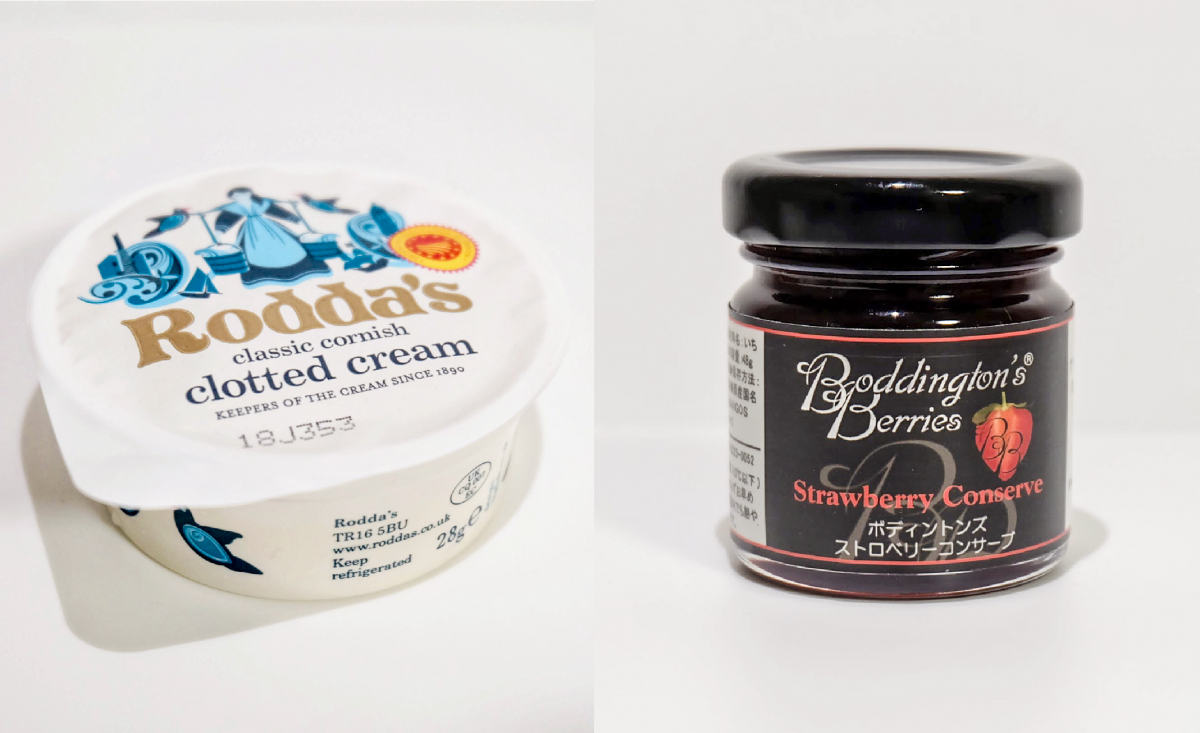 （左）「コーニッシュクロテッドクリーム」330円（税込）、（右）「ストロベリーコンサーブ」390円（税込）