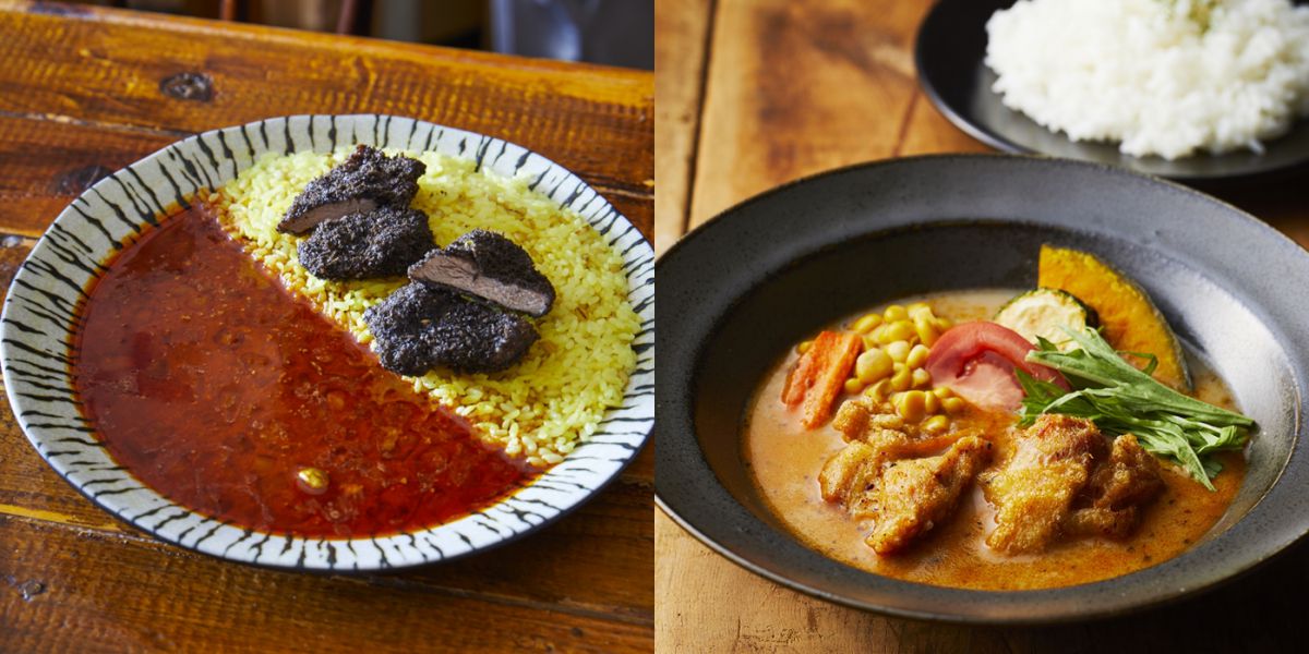下北沢「般゜若」黒カツカレー1512円 (左)、北海道「エスパーイトウ」北海道産野菜とザンギの白いスープカレー1242円(右)