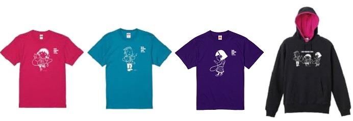 左からTシャツ（３種：まる子・花輪クン・野口さん。各サイズ：S・M・L・XL）各3200円、パーカー（サイズ：S・M・L・XL）各5000円