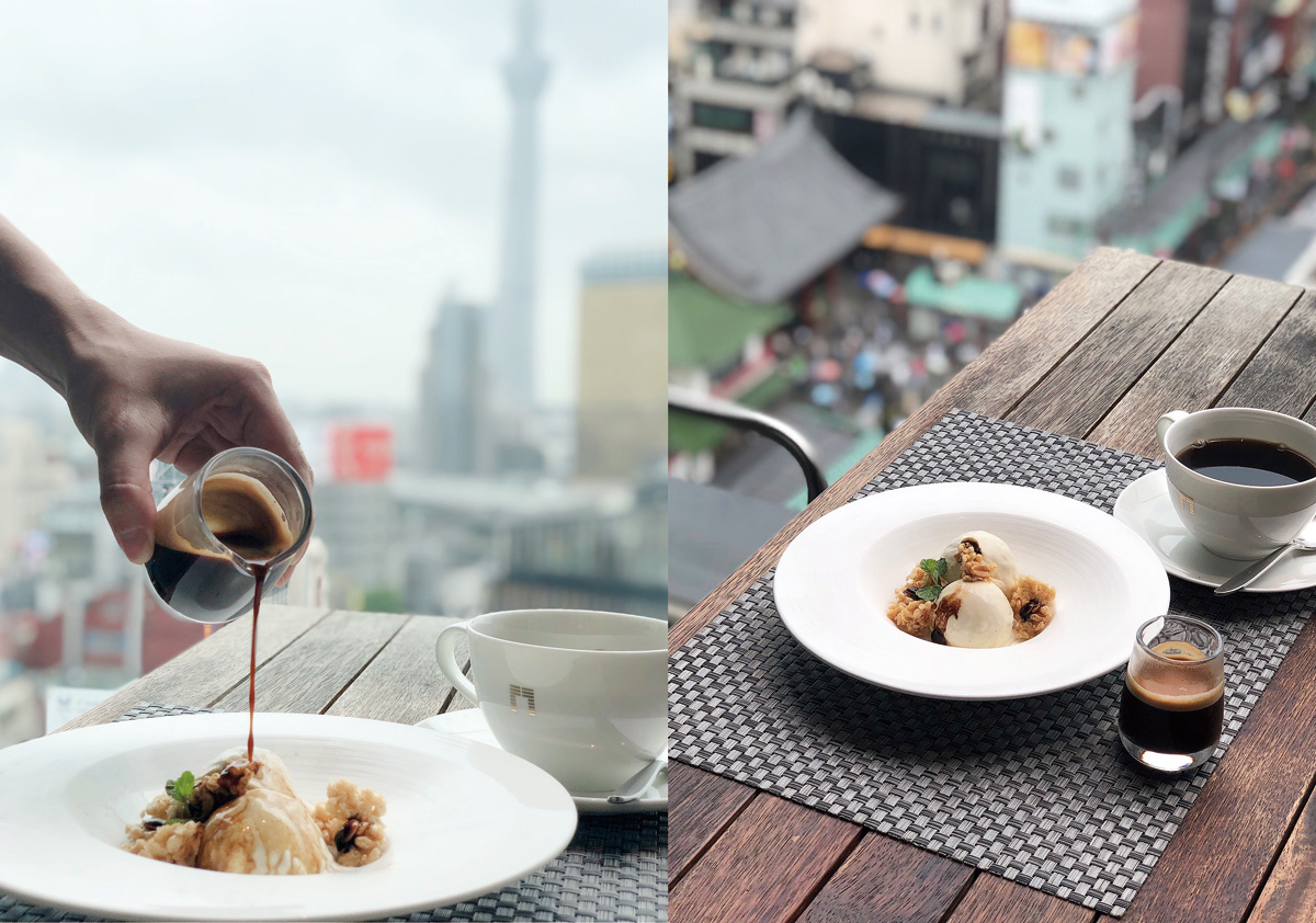 左から アフォガード雷おこし添え 800円（8%税込）、THE GATE HOTEL by HULIC オリジナルブレンドコーヒー 700円（8%税込）