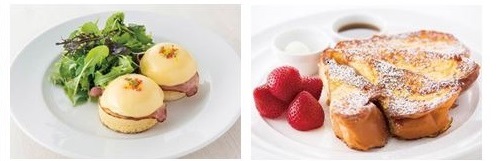 代表メニューの「クラシックエッグベネディクト」（左）と、「フラッフィーフレンチトースト」（右）