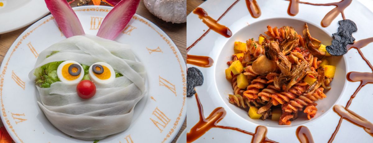 左から「ガーリックシュリンプのシーザーサラダ」、「キノコとサツマイモのパスタボロネーゼ」（ともにコース内メニュー）