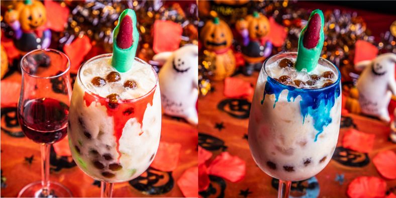 「酔っちゃう血塗れタピオカゾンビ」（アルコール）1080円（税抜）、「酔わない血塗れタピオカゾンビ」（ノンアルコール）980円（税抜）