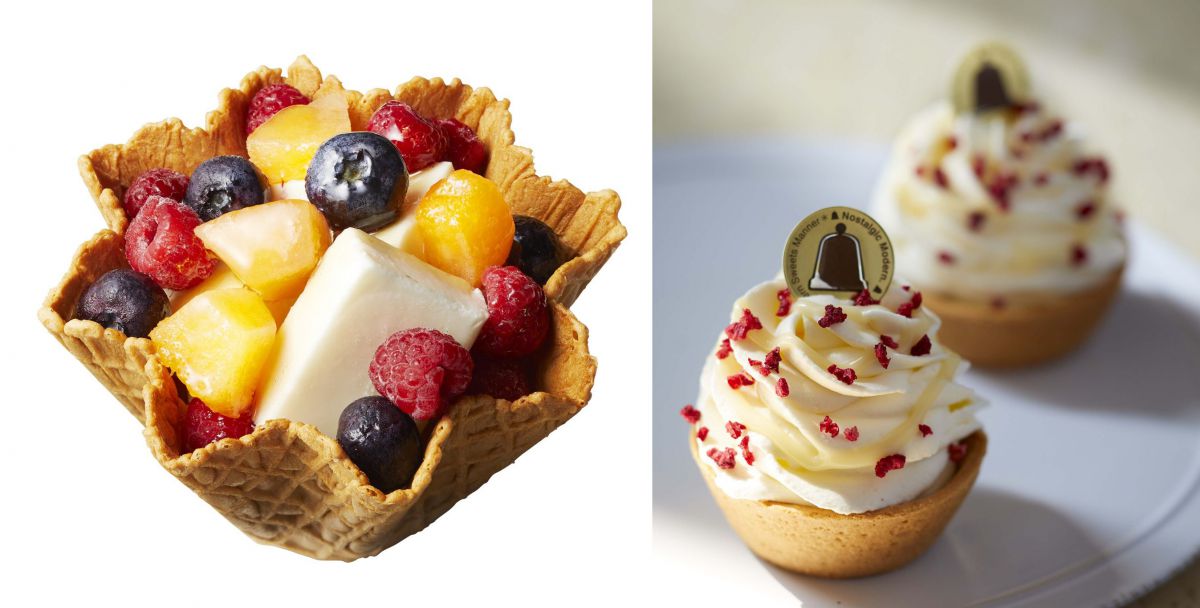 (左)江別｢ベイクド・アルル｣ヨーグルトバーク(1杯)550円 、(右)小樽｢小樽洋菓子舗ルタオ｣十勝ジャージー苺ミルクタルト(1個)378円