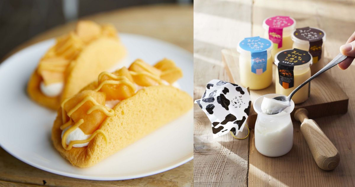 (左）富良野「とみたメロンハウス」 メロンヨーグルトオムレット(1個)486円【各日限定50個】、（右）旭川「スノークリスタル」牛乳牧場プリン（1個）399円、旭山 奇跡のプリン（1個）各399円