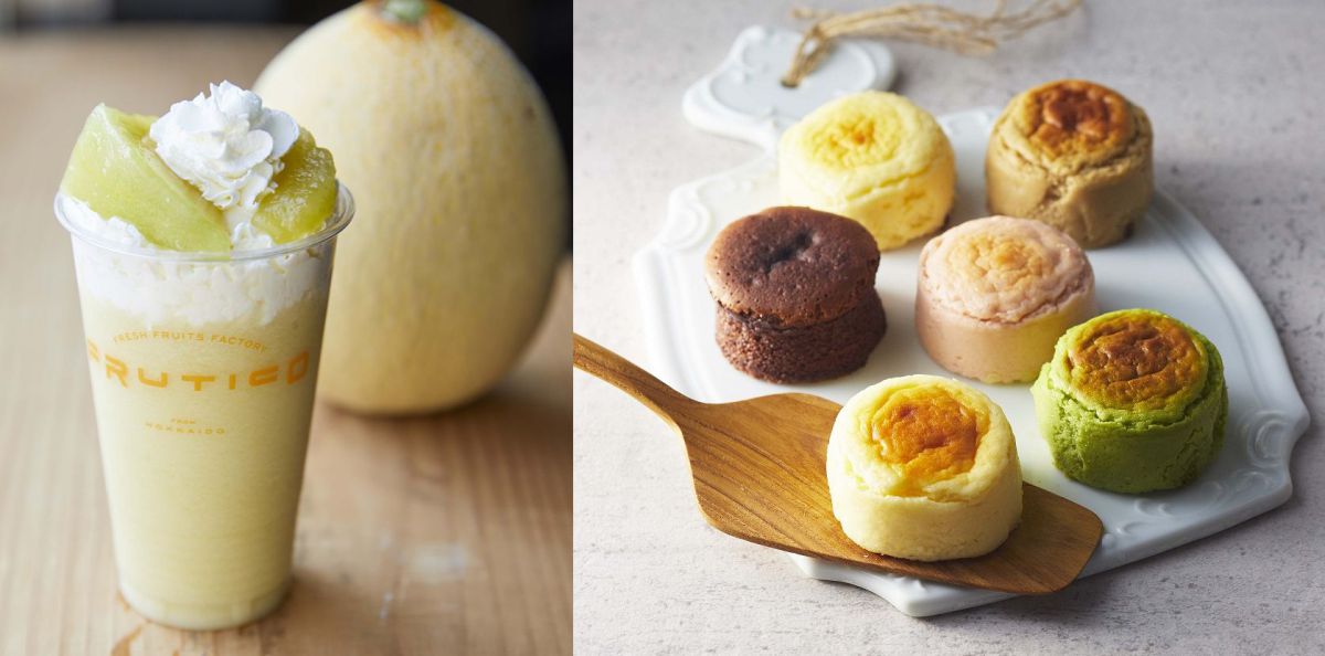 （左）余市「FRUTICO余市」キングメルティ スムージー（1杯）651円〔各日限定100個］ 、(右)函館｢函館洋菓子スナッフルス」 キャッチケーキ6種アソート1296円【各日限定200個】