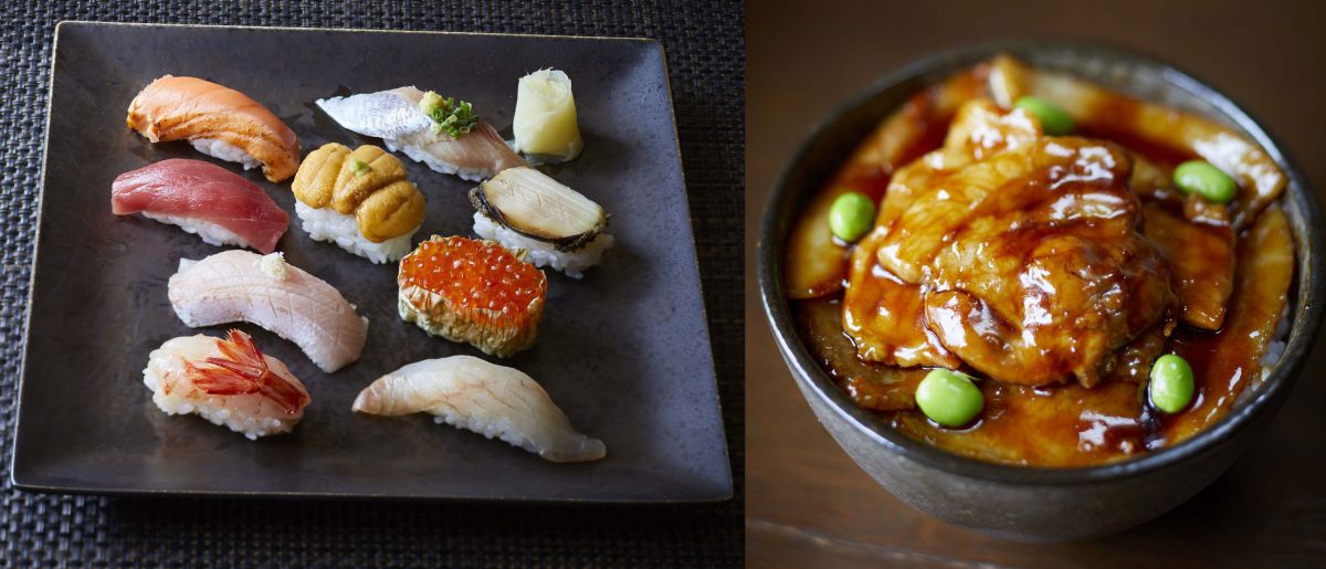 （左）函館「幸寿司」 秋風北の旬握り（9貫、1人前、お吸物付き）2750円（右) 帯広「掛村」ホエー豚 バラ・ロース盛り合せ豚丼（1人前）1540円 ［各日限定100］ 