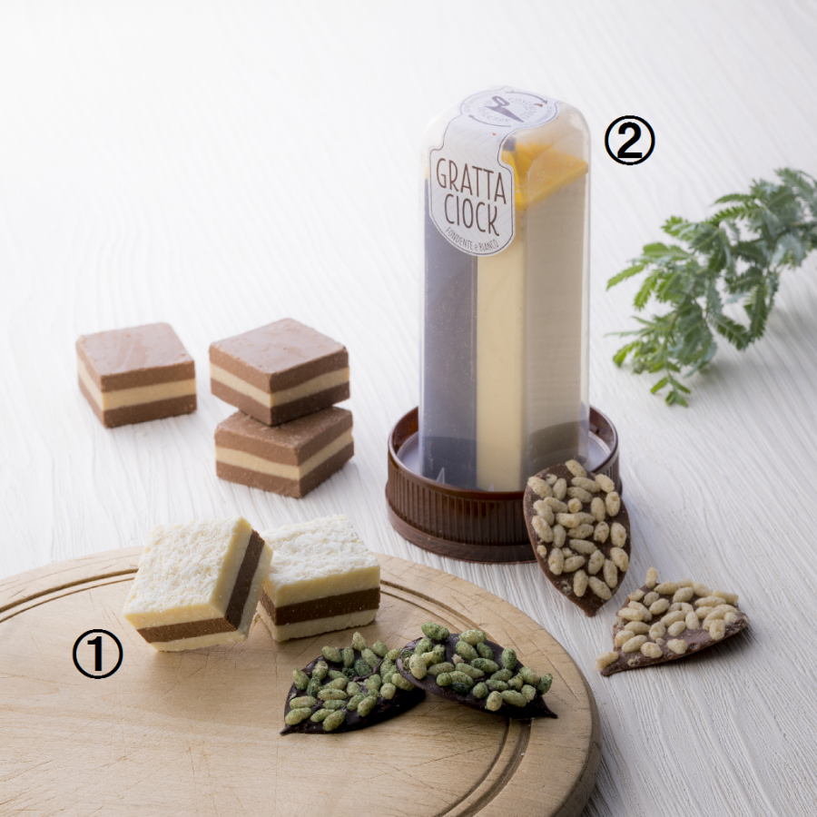 ①『メリッロ』ジャンドゥーヤ　50gあたり648円、②『コストゥルットーリ・ディ・ドルチェッツェ』チョコレートミル 1個1944円