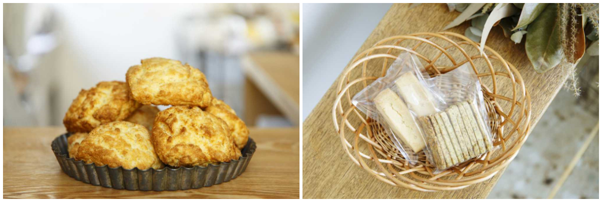 左からスコーン プレーン味 300円、おじゃこクッキー 250円　有機小麦のショートブレッド 260円