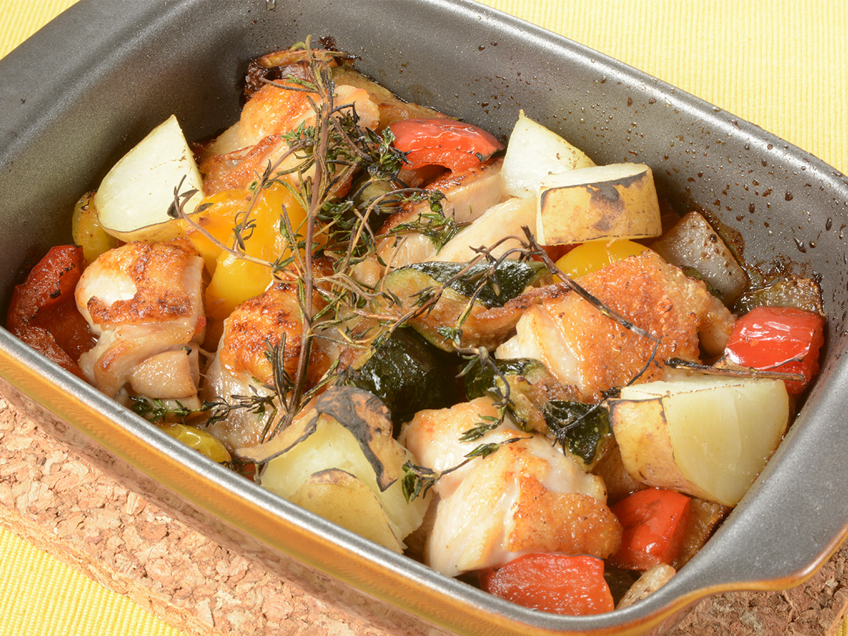 「あべどりと秋野菜のオリーブオイル焼き」るるぶキッチン×岩手県北カシオペア連邦