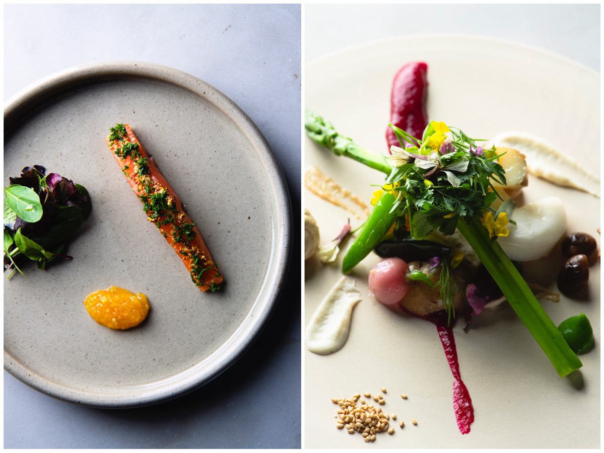 サーモンの燻製のミキュイ 1680円（税込）・25種類の季節野菜やハーブを使った温野菜サラダ 1650円（税込）