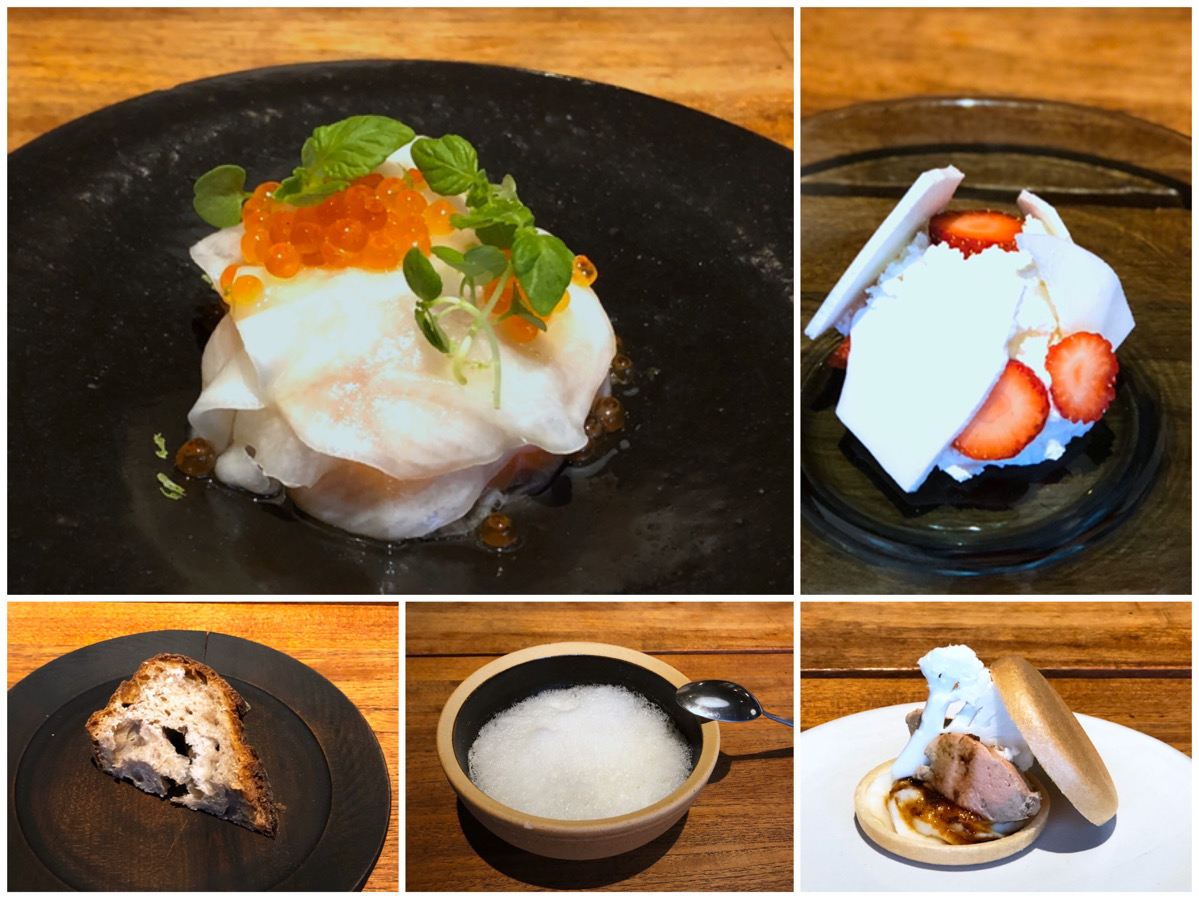 上段左「前菜」・上段右「デザート」・下段左「パン」・下段中「スープ」・下段右「アミューズ」