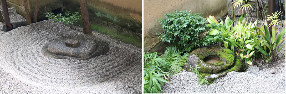 縁側から眺めて左側に吽（うん）、右側に阿の石がある