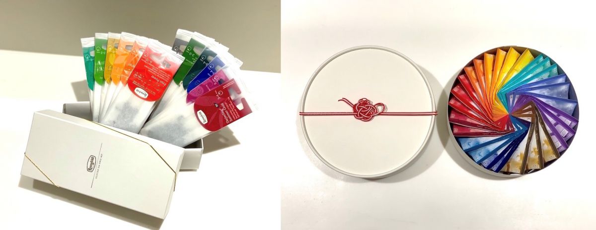 紅茶のギフトボックス（左）と、ティーポット水引（右）