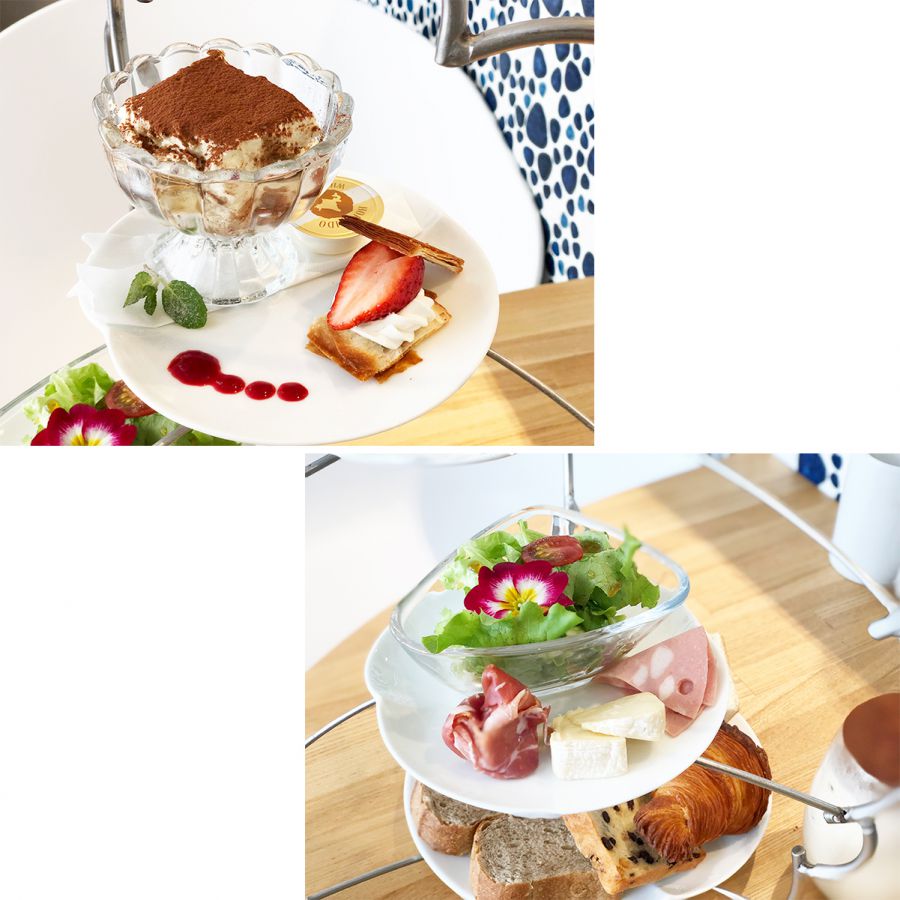 1段目（写真上）：（奥から）自由形特製ティラミス、パイのせ苺／2段目（写真下）：（左から）プロシュート・クルード、カマンベールチーズ、モルタデッラハム、豆苗とプチトマトのサラダ