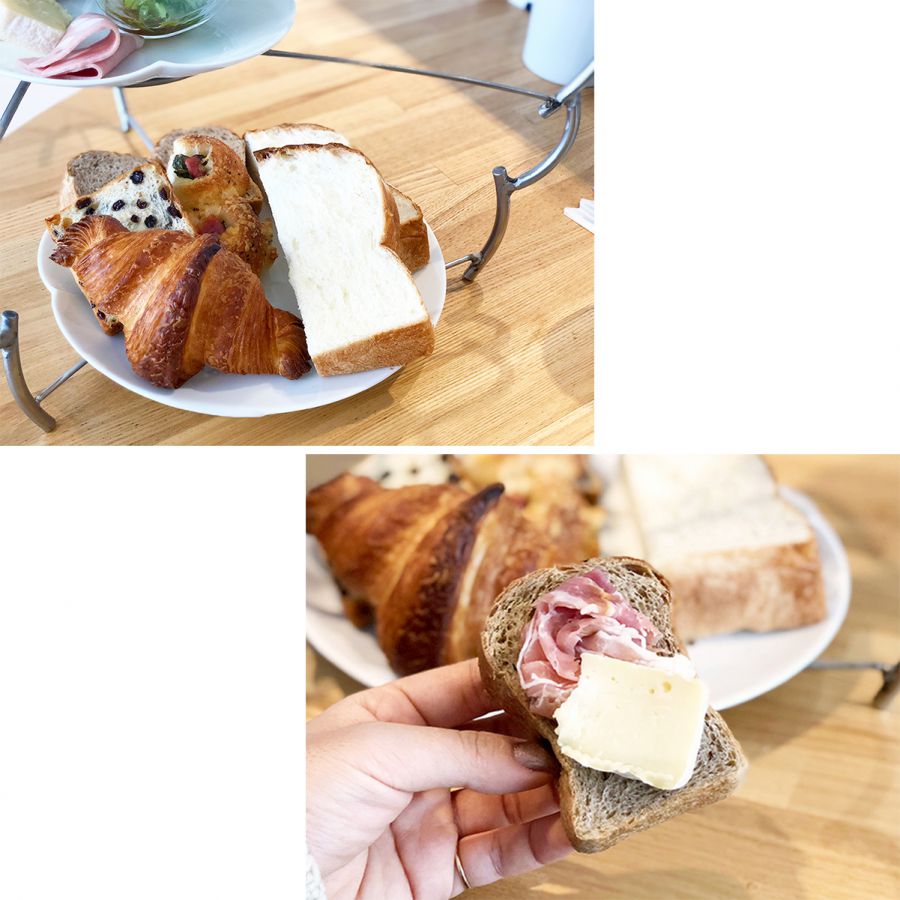 3段目（写真上）：（奥から）玄米粉ブレッド、カレンズ、ベーコンと大葉のエピ、カノン（クロワッサン）、角食パン