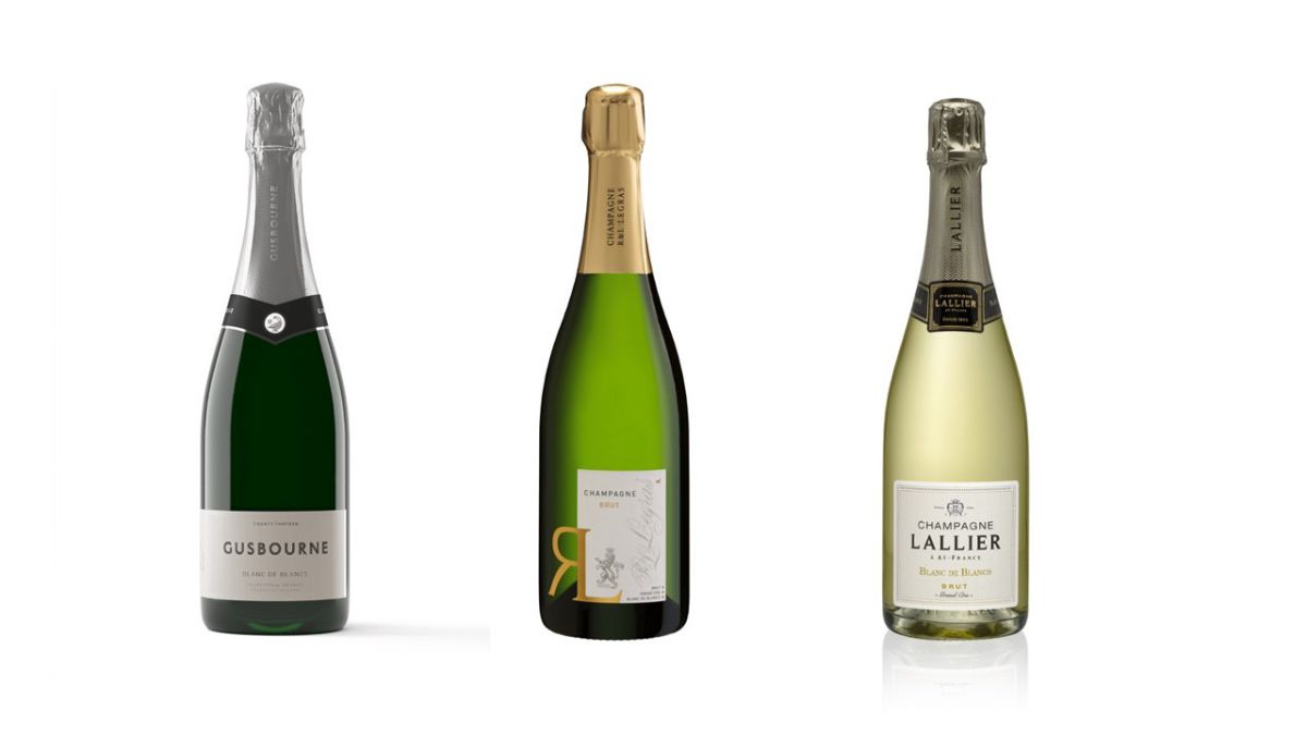 左から英国/ケント〈ガズボーン・エステイト〉 ブラン・ド・ブラン、フランス/シャンパーニュ〈Ｒ＆Ｌルグラ〉 ブラン・ド・ブラン）、ランス/シャンパーニュ〈ラリエ〉 ブラン・ド・ブラン　各30ml 3杯飲み比べセット1650円