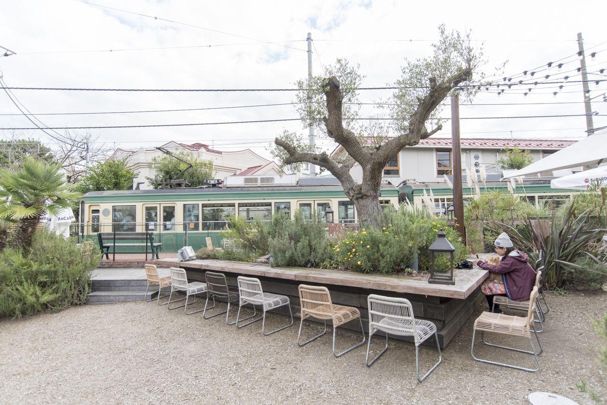 植物が生い茂るガーデン席で江ノ電を眺められる