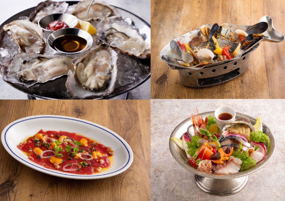 左上から時計回りに「生牡蠣1ピース」480円～、「北海道直送の鮮魚と貝のアクアパッツア」1380円、「産地直送鮮魚カルパッチョ」1480円、「マグロのウニアータ」1180円