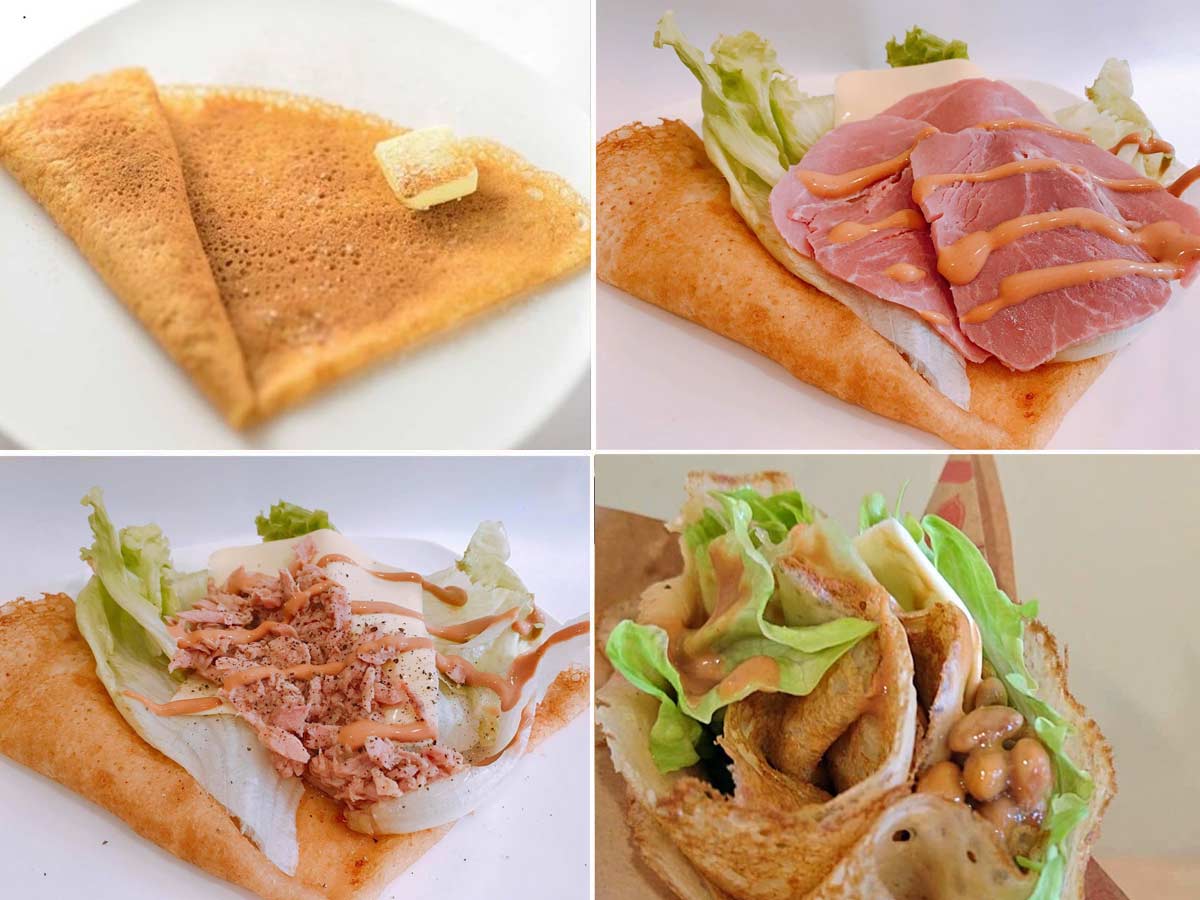 左上から時計回りに「シナモンシュガーバター」、「ハムチーズサラダ」、「納豆チーズサラダ」、「ツナチーズサラダ」／クレープ アリサ