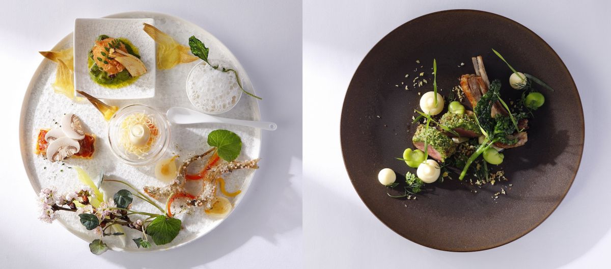 旬の食材で季節を彩った『五種の創彩』(左)、森と大地の恵みを表現したメインディッシュ(右)