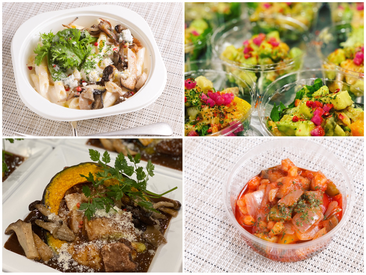 【左上】ゴルゴンゾーラとクルミのクリームパスタ 699円【左下】　国産豚バラ肉の赤ワイン煮込み　799円【右上】スモークサーモンとアボカドのセビーチェ 399円　【右下】鶏ヤゲン軟骨と彩野菜のラタトゥイユ　299円（すべて税別）