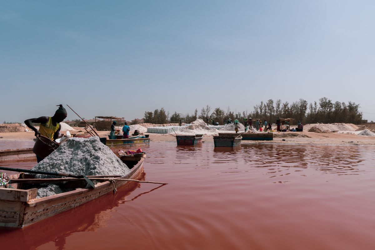 船が進むと少しずつピンクがかってくる湖