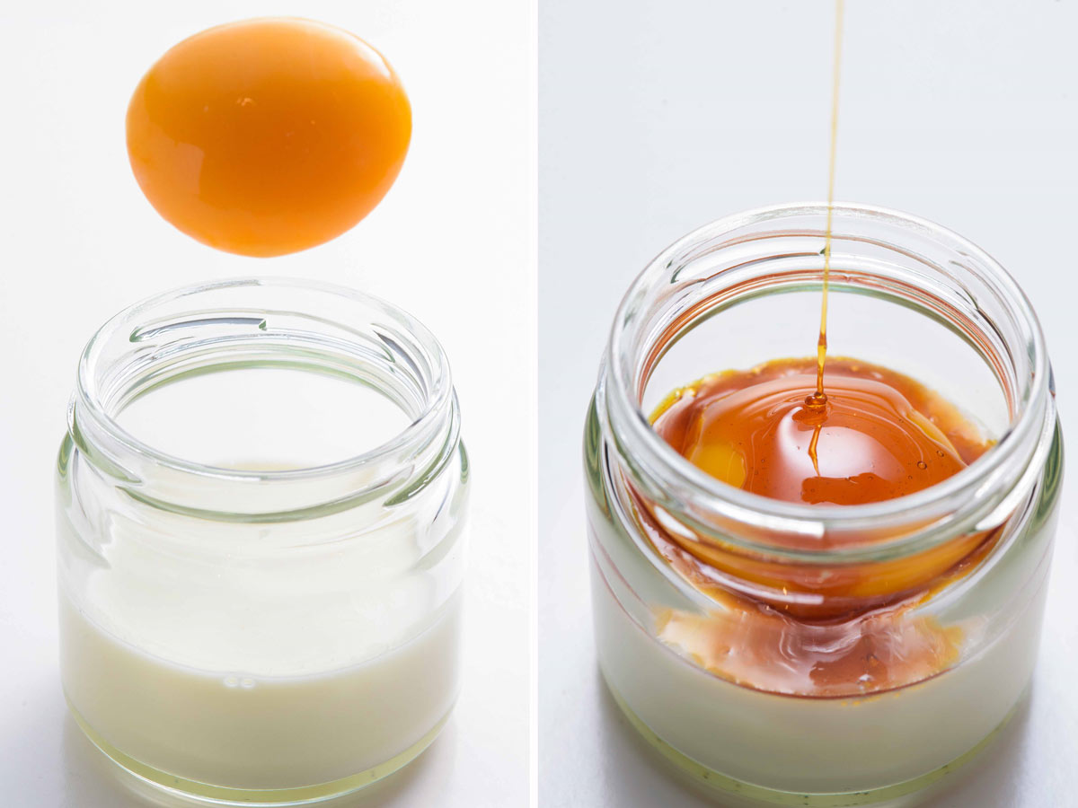 黄身をのせて、塩カラメルソースをかけます／ナチュール青森