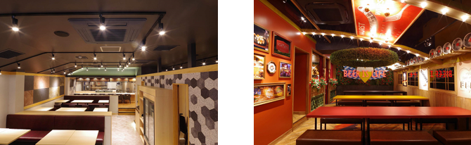 店内のイメージ　左）板前バルLIVE FISH MARKET　右）シュマッツ・ビア・ホール