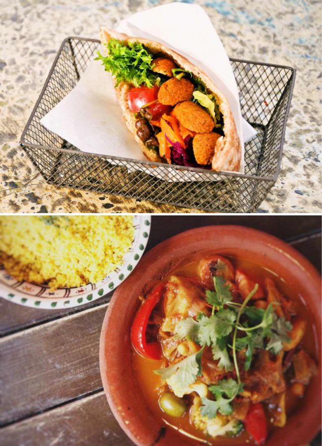（上から）「ピタサンド」（取材当時のメニュー）、「野菜のクスクス」（1540円）