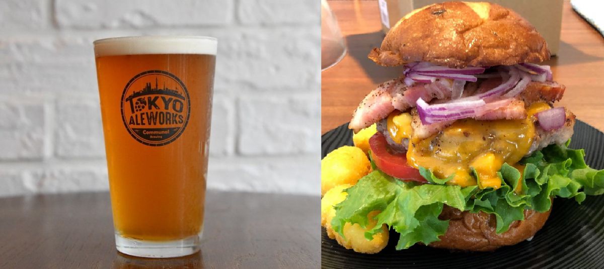 左）有楽町駅オリジナルクラフトビール「TASTY」1パイント（473ml）1100円（税込） 右）限定メニュー「SMOKED Cheese Burger」1プレート1300円（税込）