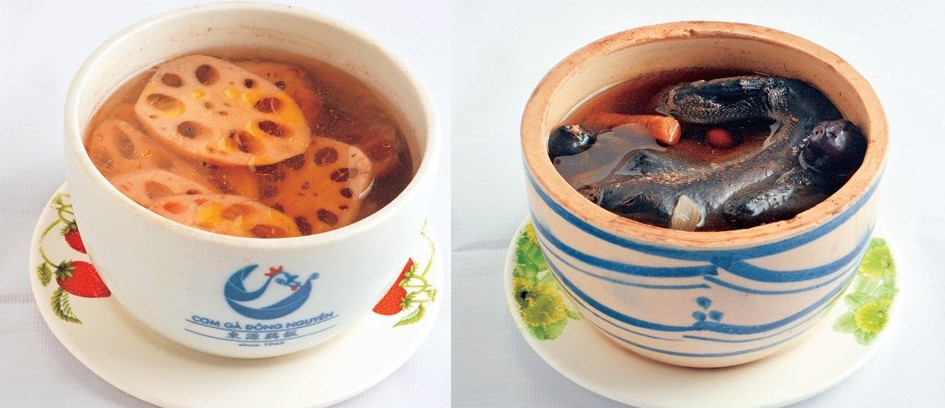 （左）ハスとレンコンのスープ6万VND（右）烏骨鶏の漢方スープ6万8000VND