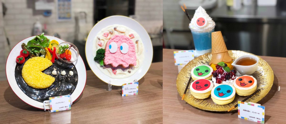 左からパックマンカレー 1430円、ゴースト ホワイトソースオムライス 1400 円、どんちゃんフロート 770円、太鼓の達人 パンケーキ 1800円（すべて税込）