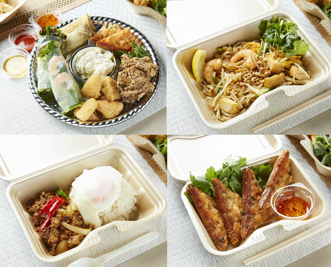 右上から時計回りに「海鮮焼きビーフンパッタイ」850円、「海老トースト」750円、「ガパオ炒めご飯」850円、「アジアンオールスターズ」1800円