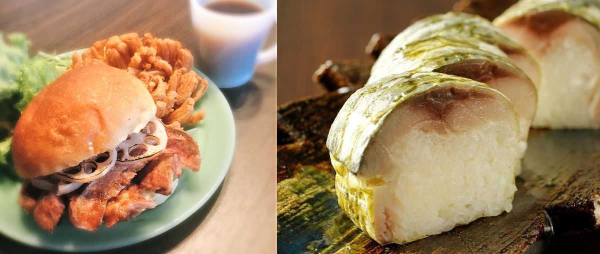 左）黒毛和牛の最高級ブランド「常陸牛」を使ったグルメバーガーが楽しめる「COOK BARN TOKYO」、 右）青森県八戸圏域の魅力を発信する「八戸都市圏交流プラザ　8 base」では郷土料理も提供