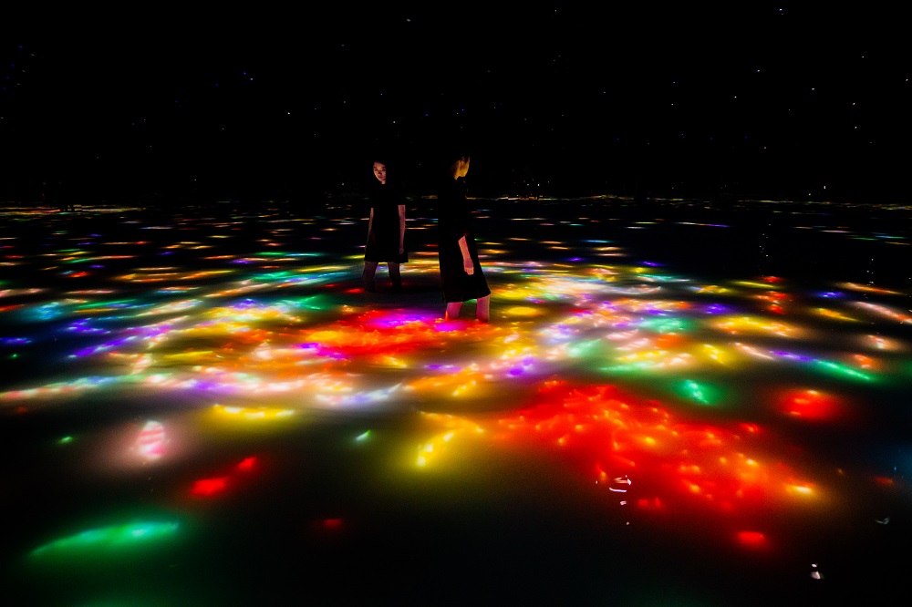「人と共に踊る鯉によって描かれる水面のドローイング  - Infinity」  Drawing on the Water Surface Created by the Dance of Koi and People - Infinity  teamLab, 2016-2018, Interactive Digital Installation, Endless, Sound: Hideaki Takahashi