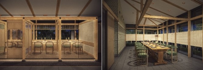 レストランの内観　左）庭園向きの2名席は、木造の温かな香りに包まれる落ち着いた空間　 右）釘や金具を使わない栃木の伝統技法「組子」が印象的な個室