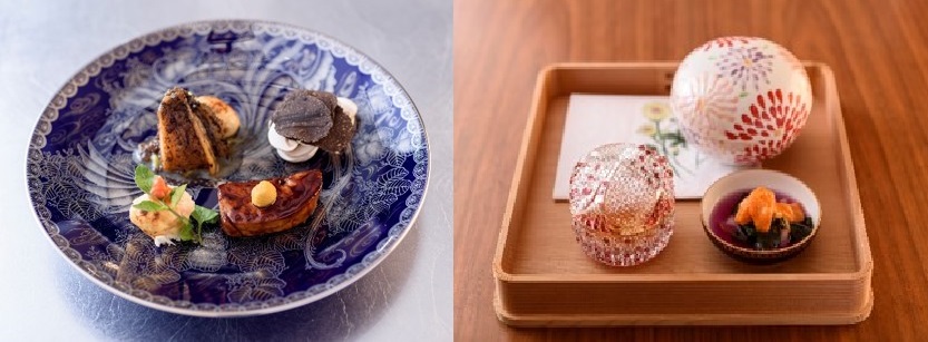 左）世界三大珍味を取り入れた「オードブル」 右）「八寸」はボンボニエールの中に雲丹や唐墨などの日本三大珍味