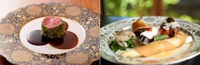 左）「焼き物」はヴァンルージュのソースを使ったと木々和牛のロースト 右）晩餐会をイメージした和洋折衷の一皿「彩