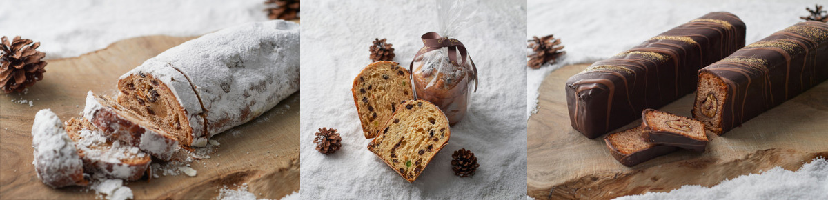 写真左から、シュトーレン、パネトーネ、クリスマスパウンドケーキ