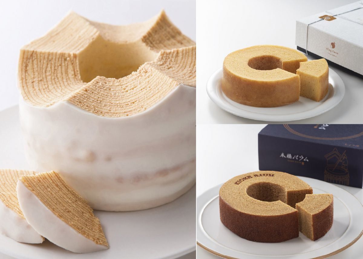 左）【兵庫】ユーハイム「切りたてバウムクーヘン」1カット108円 右上）【愛知】King Farm「拘プレーン ホール」1404円 右下）【埼玉】木桶バウム「金笛木桶バウム　ホールしょうゆ」1350円