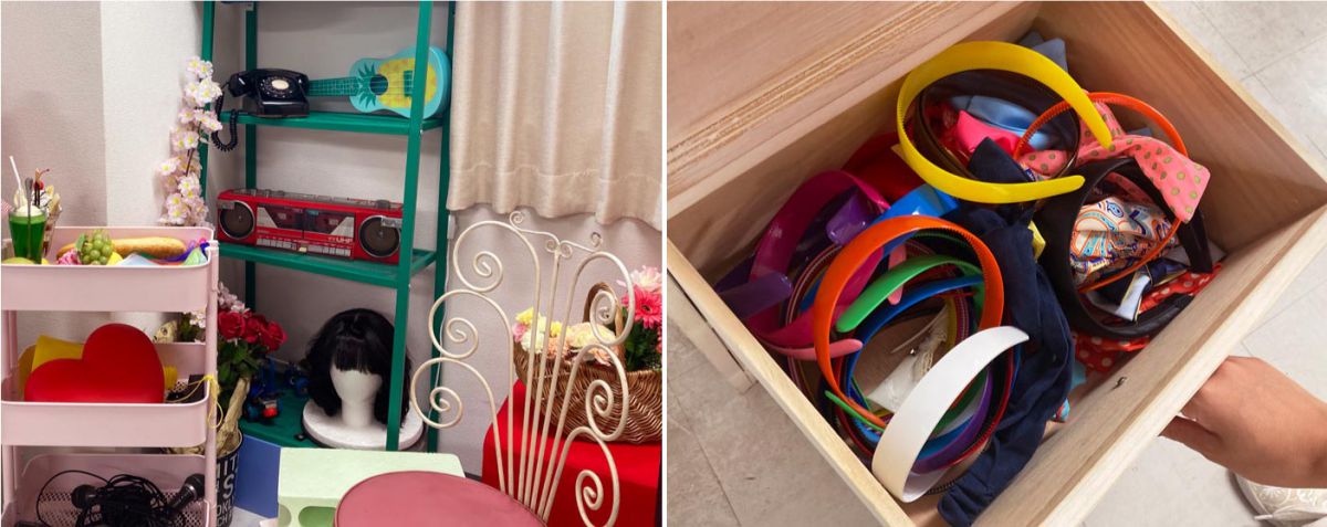 写真右下には聖子ちゃんカットのカツラが。かぶれば即、昭和モード！