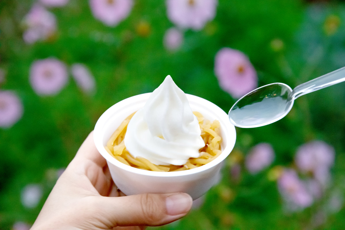 超濃厚な栗ペーストにミルクソフトをのせた「いわまのもんぶらんソフト」（440円税込、通年販売）