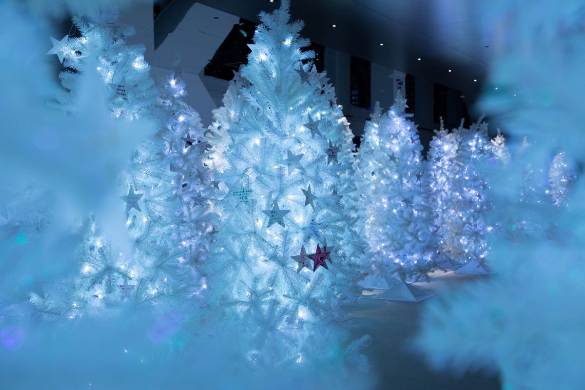 梅田スカイビル空中庭園が、クリスマス、ノスタルジックな切り絵の世界に包まれる