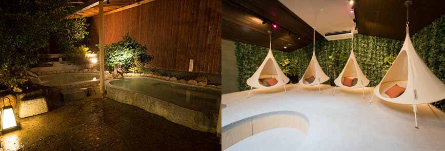 左から「るり渓温泉露天風呂」、「ランタンテラス」