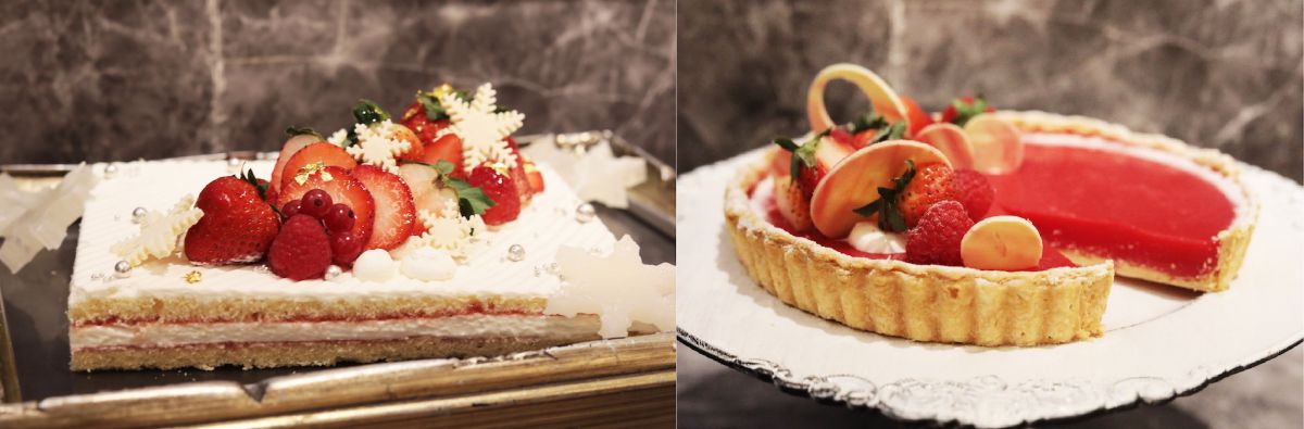 左）定番人気の苺のショートケーキ　 右）ホワイトチョコをあしらった苺タルト