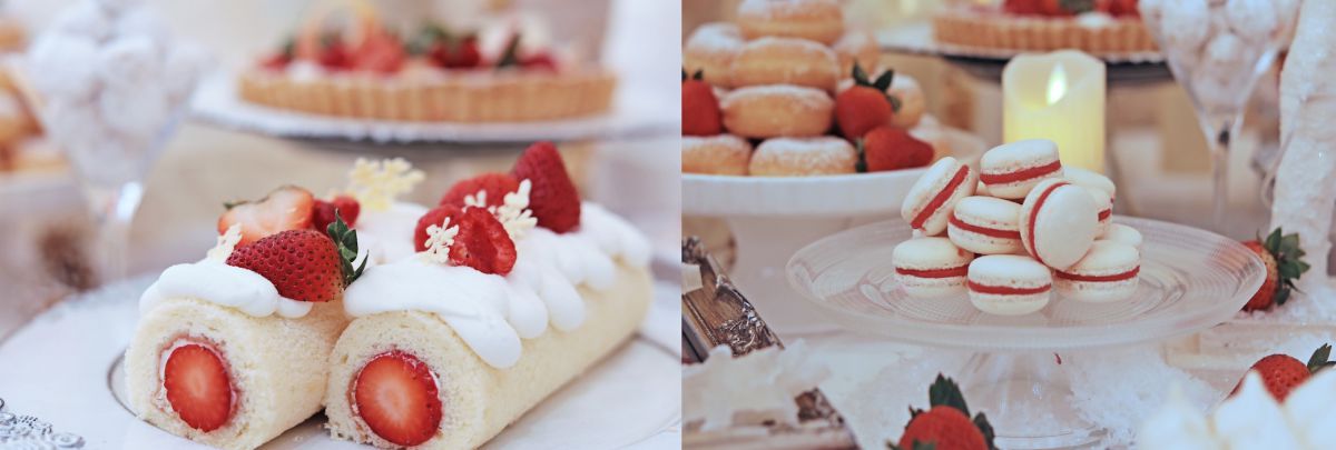 左）ふわふわスポンジで苺をくるんだロールケーキ 右）甘酸っぱい真っ赤なクリームを挟んだ苺マカロン