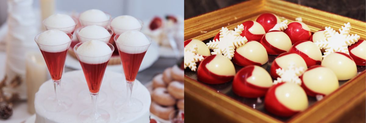 左）シャンパンに見立てた、苺が優しく香るゼリー 右）苺とフランボワーズのジャムが入った艶やかなボンボンショコラ